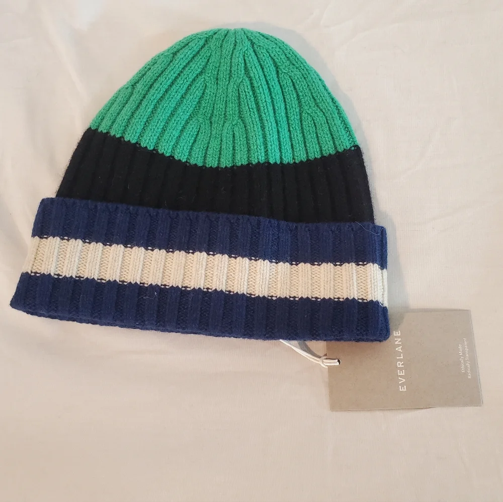 EVERLANE Unisex Striped Recycled Cashmere Ribbed Knit Beanie One Size